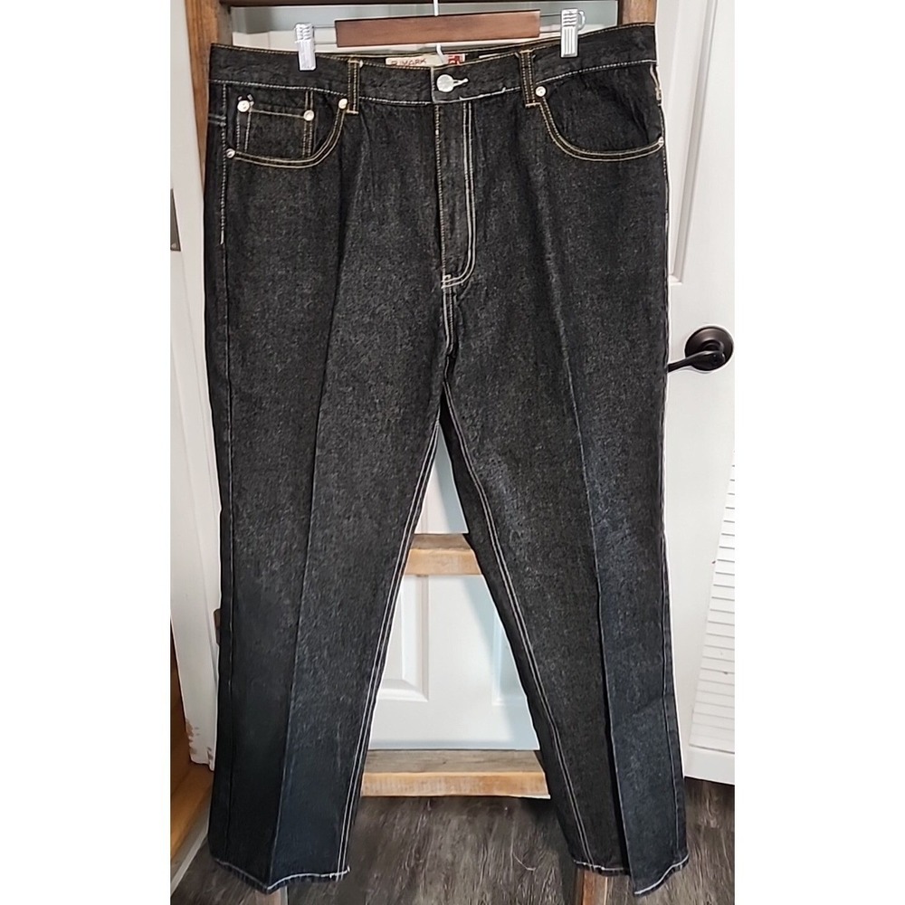 PJ Mark Mens Straight Leg Black Denim Jeans White Contrast Stitch 42x34